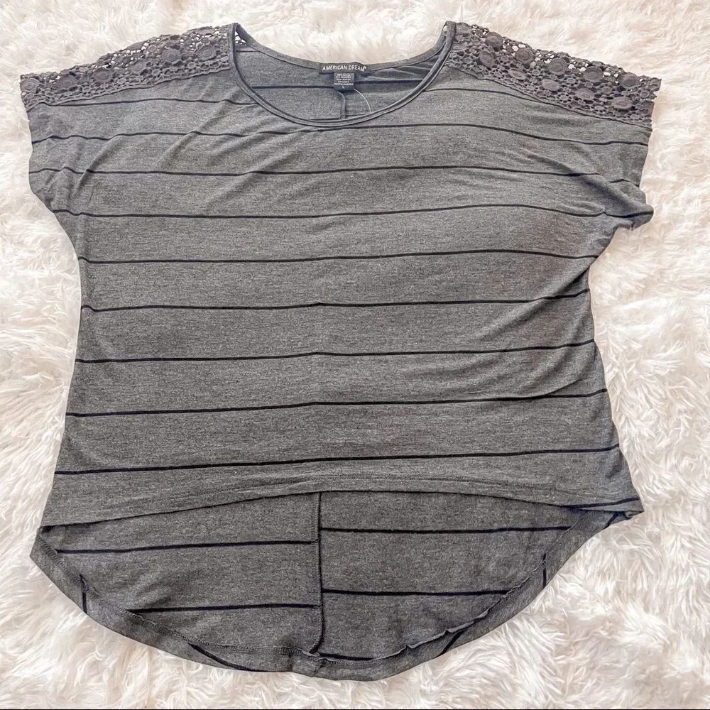 American Dream Gray Striped Crochet Shoulder Hi Low Top Women’s L NWT